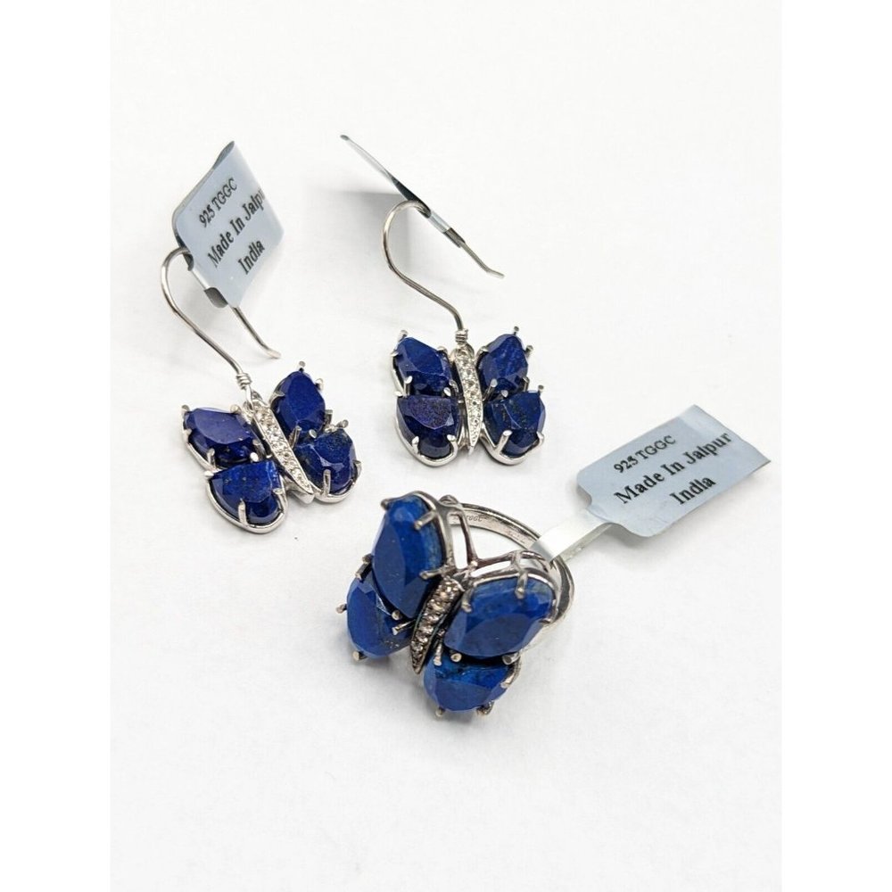 Sterling Silver Blue Lapis Lazuli Butterfly Bug Ring Size 6 Earrings Jewelry Set